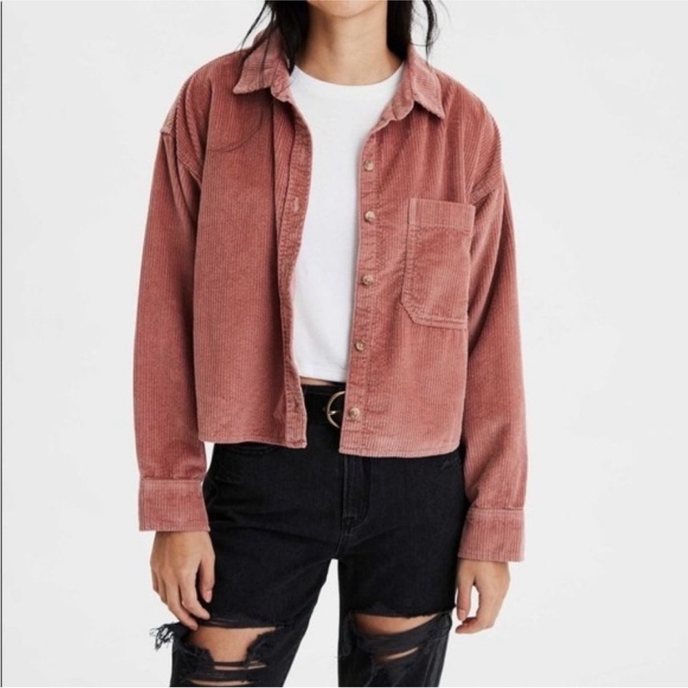 American eagle cropped corduroy button down shirt pink maeve collar pocket small - Picture 1 of 9